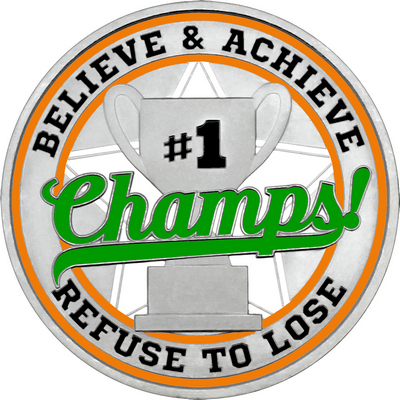 Green "Champs!" with Orange Outer Circular Borders